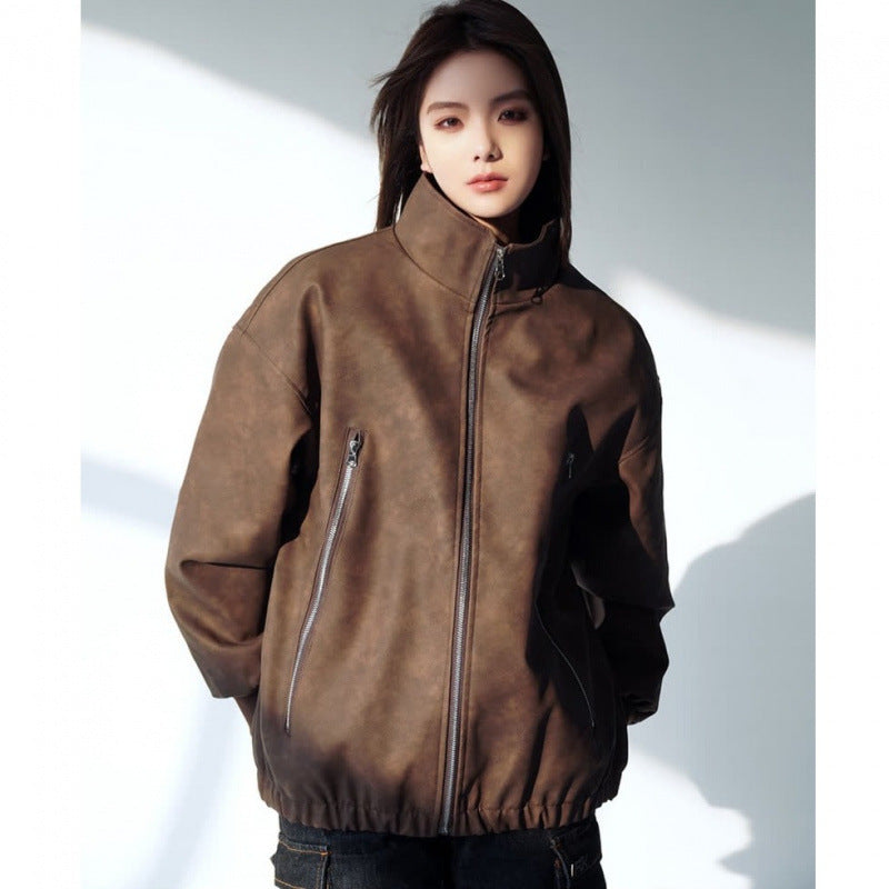 Men's and women's American style retro distressed PU leather cotton-padded jacket women's 2024 new winter cotton padded coat