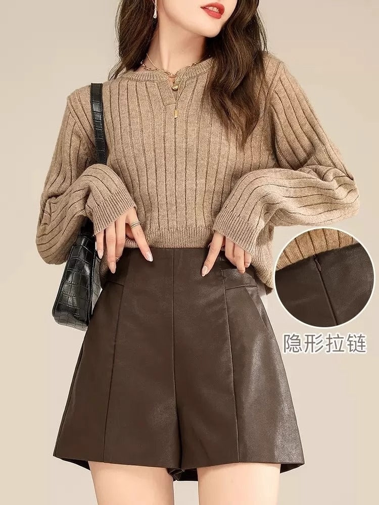 High-Waisted Leather Shorts for Women 2023 New Autumn and Winter A-Line Slimming Look Pu Leather Wide-Leg Pants Black Korean Style Outer Boot Pants