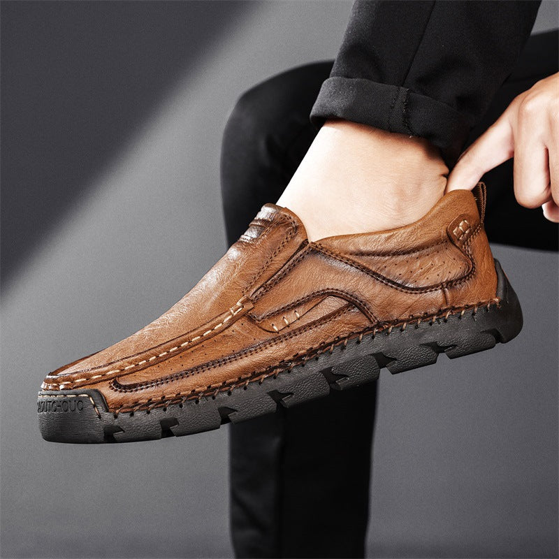 2025 Autumn New Model Hand-Stitched Men's Shoes, Large Size Export Casual Slip-On Men's Leather Shoes, Lazy Shoes