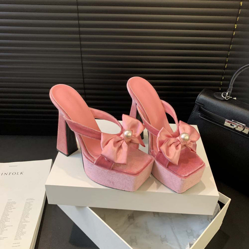 2025 European and American New Fashion Hate Sky High Slippers Women's Thick Heel Model Show Square Head High Heels