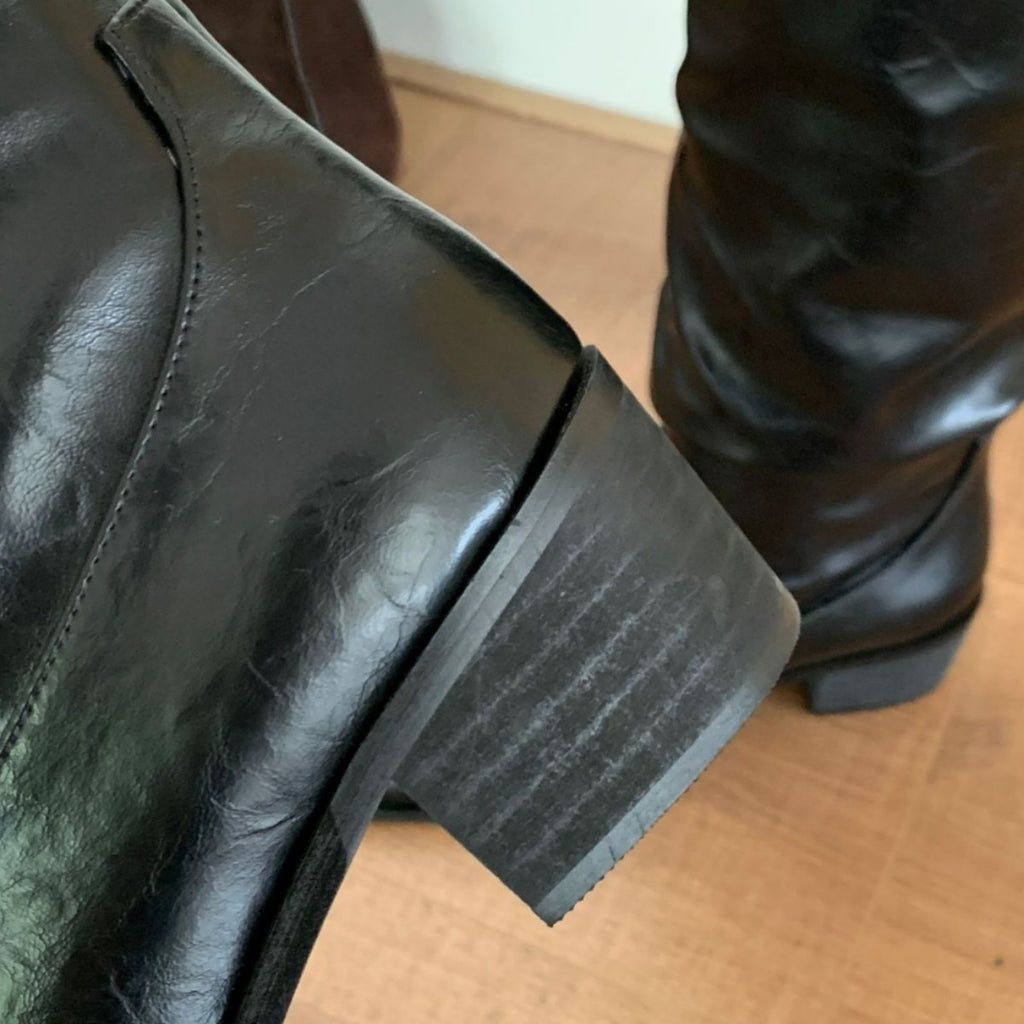 Original In-Stock 2025 Autumn and Winter Comfortable Mid-Heel Slouch Boots for Women, Chunky Heel, Square Toe, Black Over-The-Knee High Boots for Women