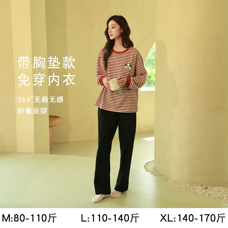 Women's Pajamas, Pure Cotton, Spring and Autumn Long-Sleeved Set, Large Size, High-End Striped Design, Can Be Worn Outside, with Chest Pads, Home Wear