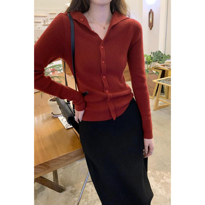 2026 Early Spring, Autumn, and Winter Collared Slim-Fit Long-Sleeve Knit Sweater for Women, Korean Style, Unique and Beautiful Design
