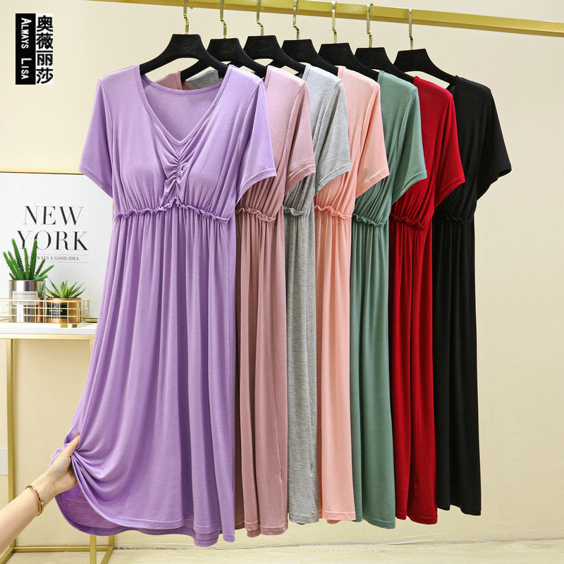 Women's Summer Thin Non-Bra Pajamas with Chest Pad Modal Loose Large Size Short Sleeve V-neck Home Dress