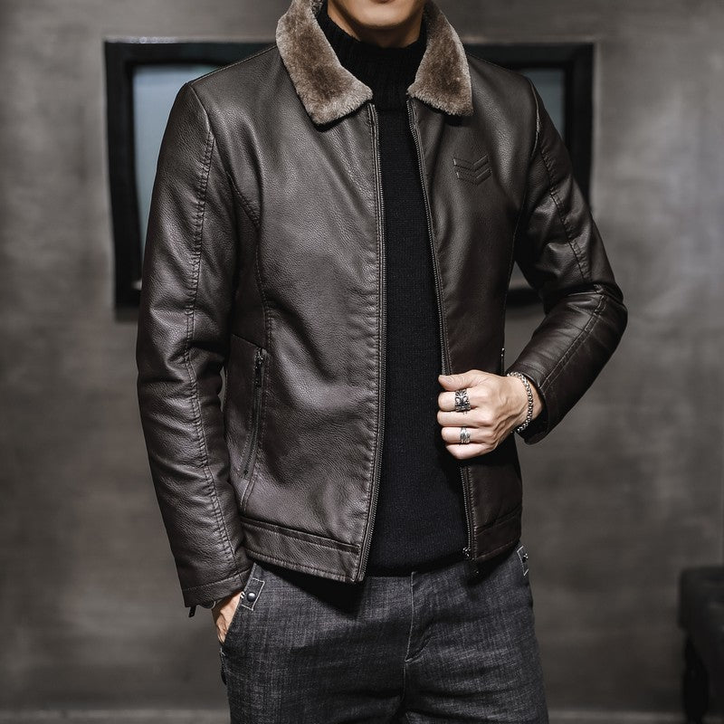 2019 New Men's Leather Jacket Men's Leather Jacket Lapel Middle-aged Men's fleece-lined Thickened Fashionable Fur