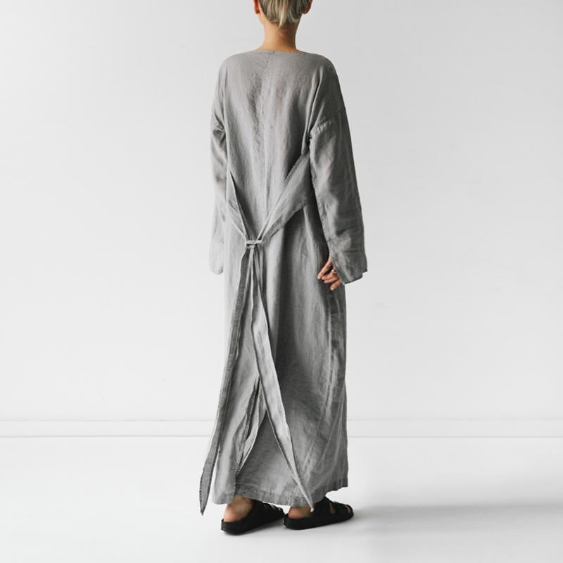 new cotton and linen dress long sleeve off-neck lace-up dress