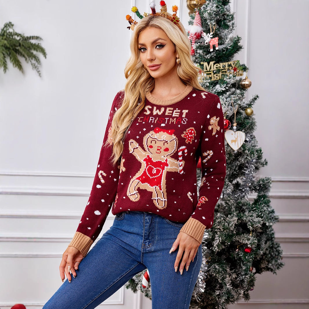 Foreign Trade Amazon Casual Christmas Sweater Women's Autumn and Winter sweater Gingerbread Man Pattern Long Sleeve Pullover Sweater