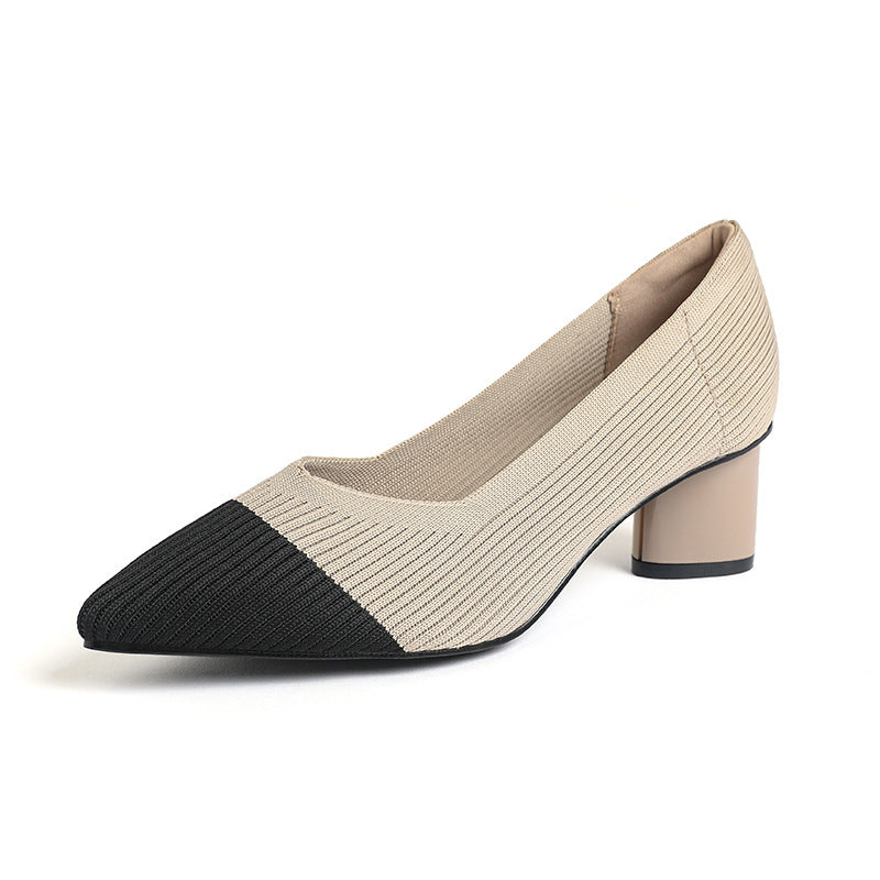 Princess High-Heeled girls Chunky Heel New Style Pointed Toe V-Cut Straight Pattern Solid Color Versatile French-Style Girl's Single Shoe Fashionable Women's Mid-Heel
