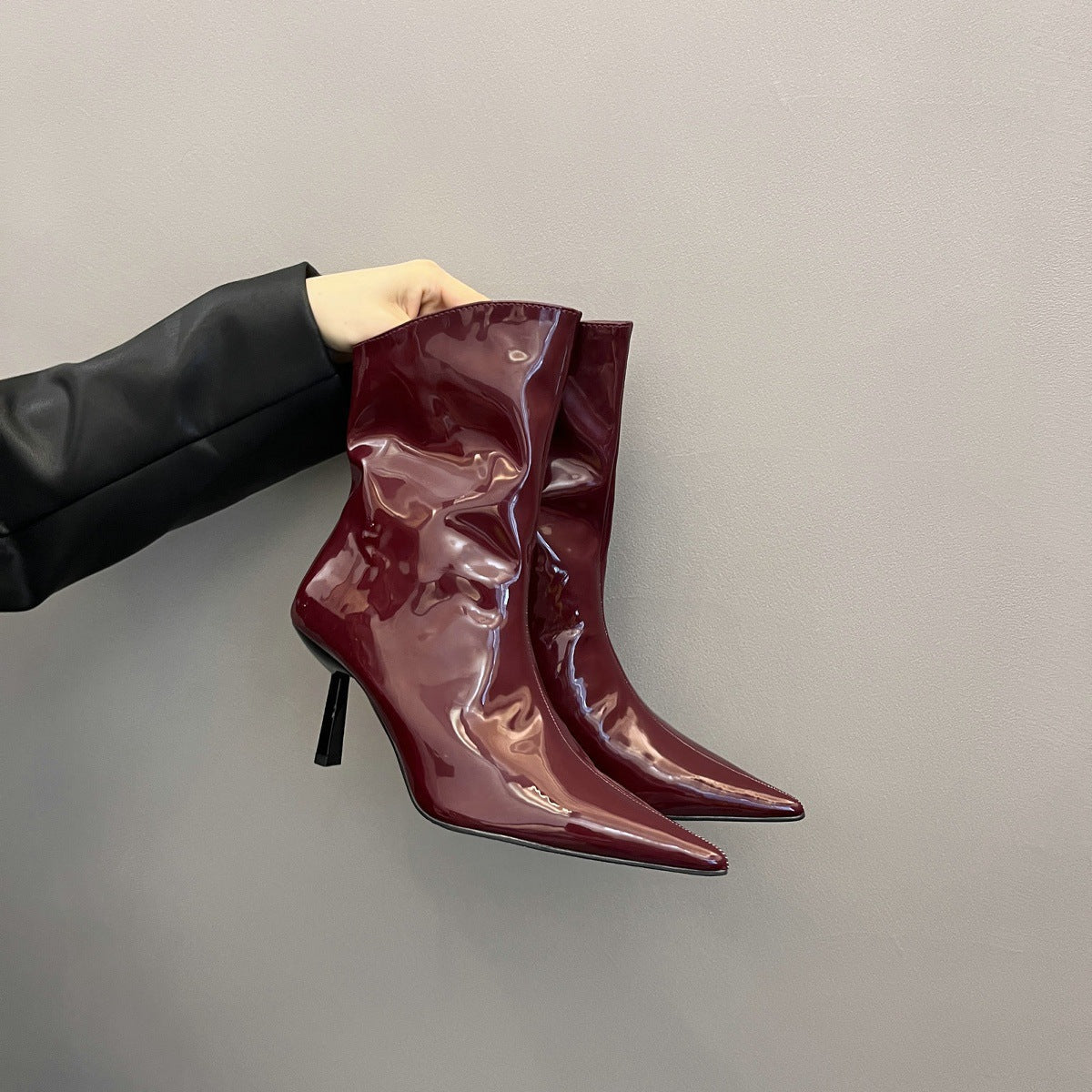 Pointed Toe Patent Leather Red Short Boots for Women 2025 Spring & Fall New Slim Stiletto Short Boots High Heels Slim Boots Nude Boots