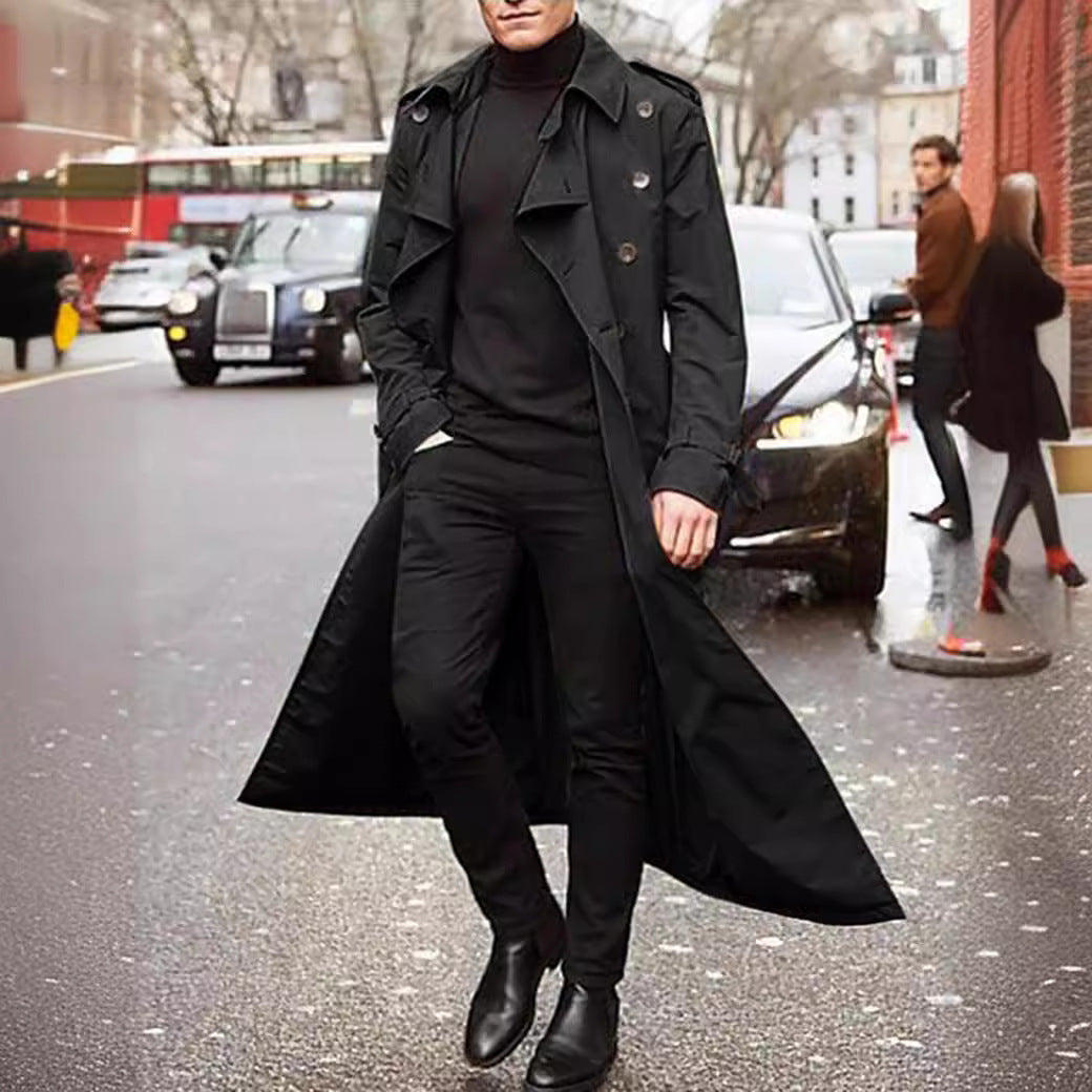 Cross-Border European and American Men's Spring and Autumn Long Double-Breasted Trench Coat Fashion Versatile Large Lapel Casual Jacket Cloak