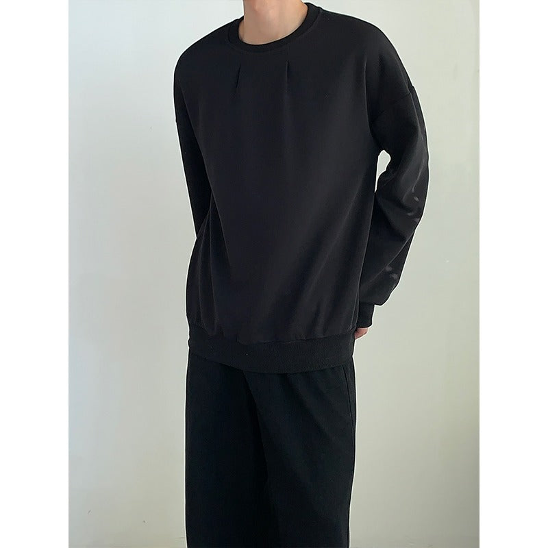 Early Autumn New Pleated Crewneck Long Sleeve Sweatshirt Korean-style Ins Casual Loose Pullover Men