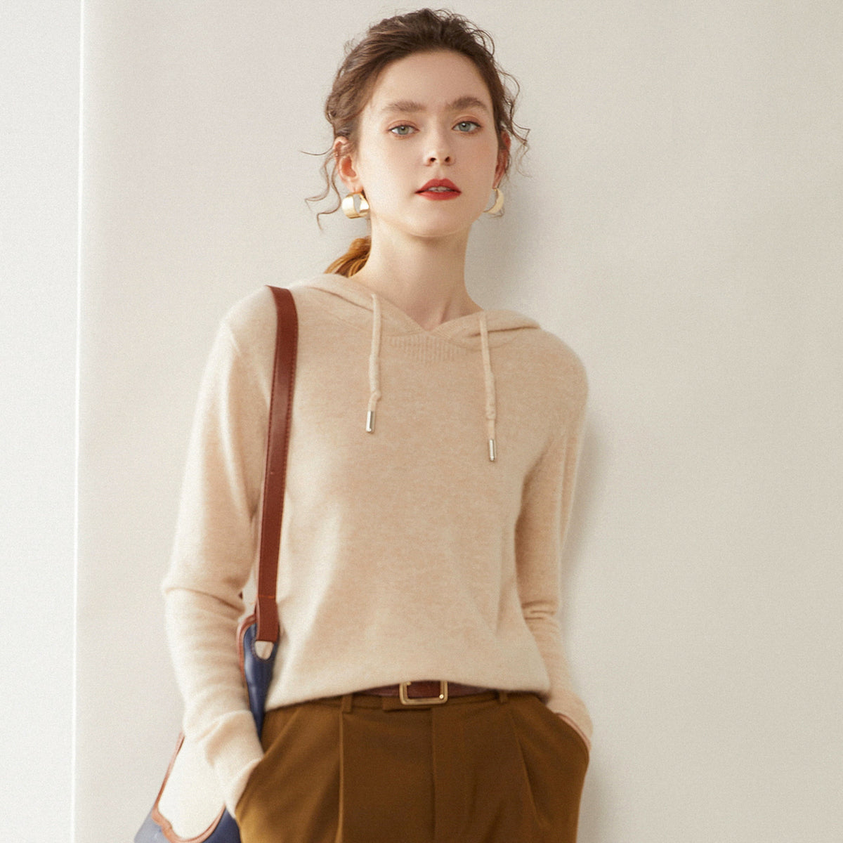 Light Luxury Solid Color 100% Pure Cashmere Hoodie for Women, Versatile for Commuting, Loose Knit Base Hoodie, Loose Fit