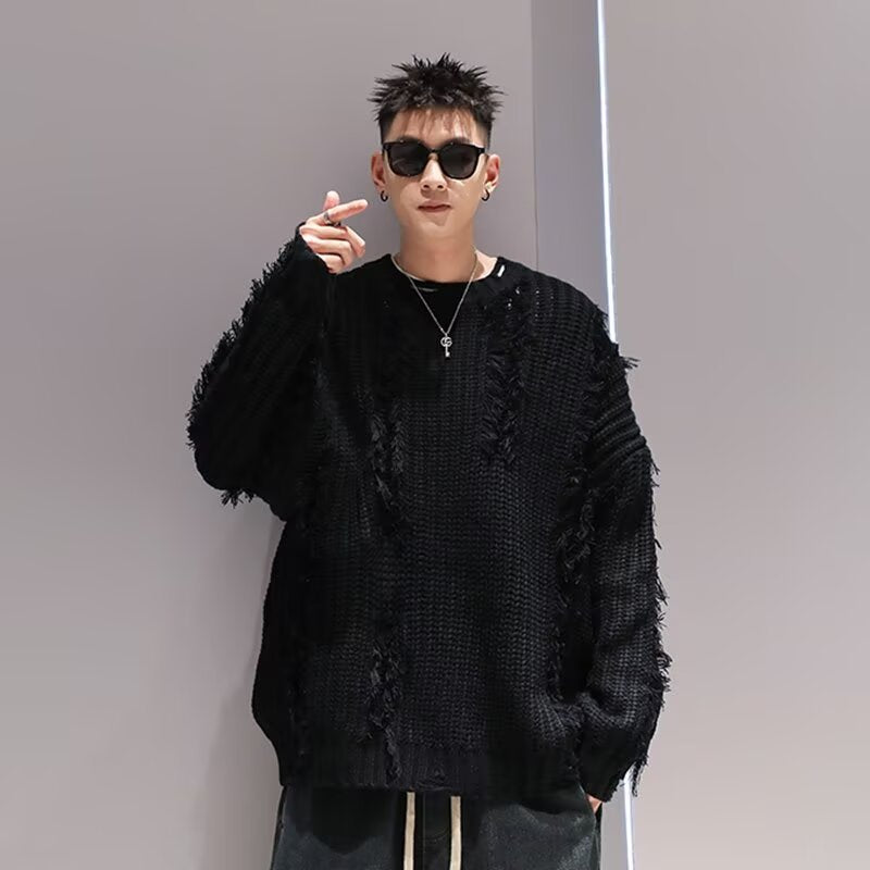 2024 Autumn and Winter New Sweater Men's American Niche Retro Tassel Hole Design Loose Lazy Knitted Sweater