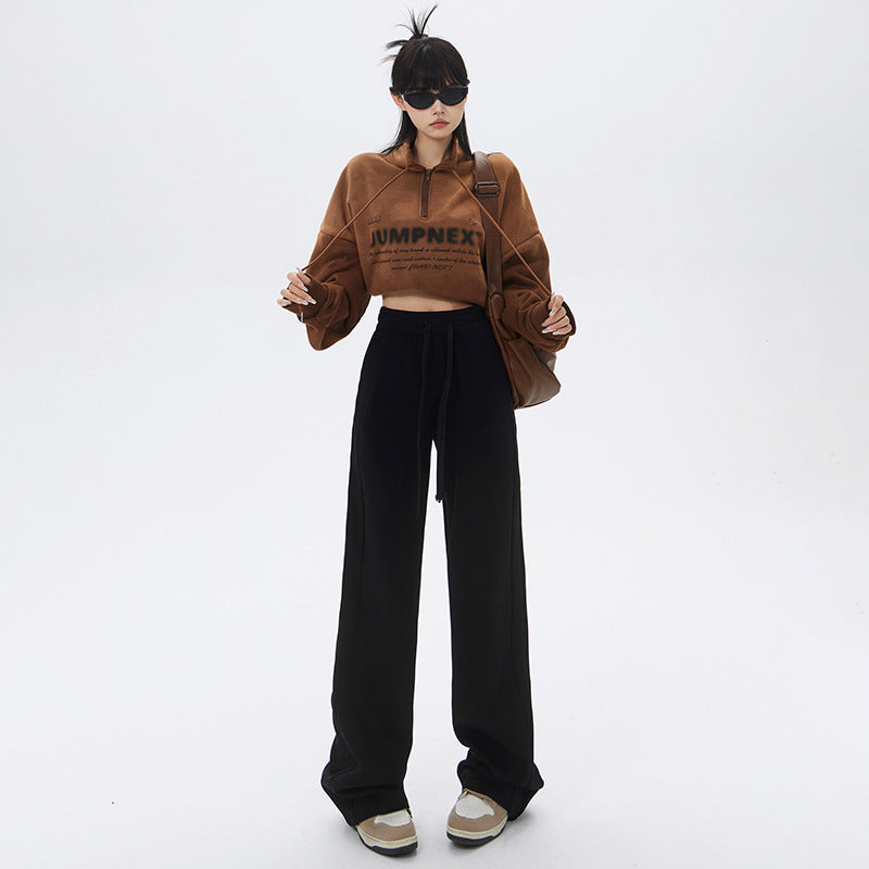 White Wide-Leg Pants for Women, 2025 Autumn and Winter New Style, Fleece-Lined, Thickened, Straight-Leg, Loose, High-Waisted, Slimming, Sporty Casual Pants