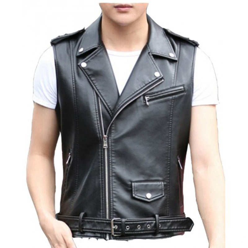 2022 European and American New Men's Slim Punk Motorcycle Sleeveless Leather Jacket Vest Diagonal Zipper Pu Leather Vest for Men