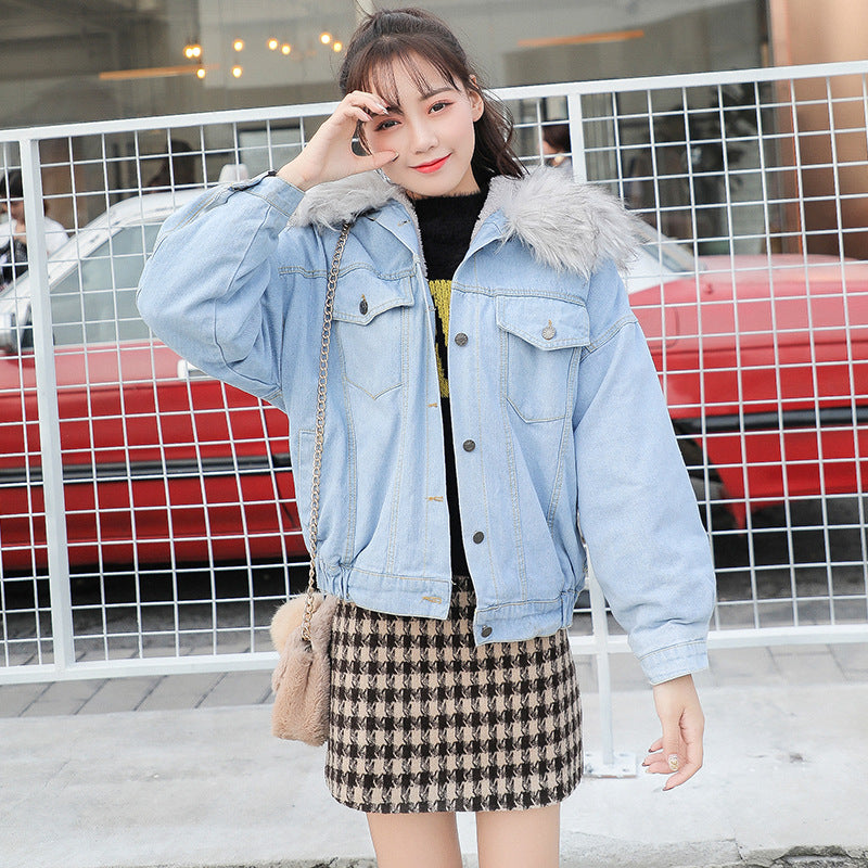 Women's Winter Short Jacket 2026 Korean Style Hooded Cotton-Padded Jacket Thickened Fleece Denim Jacket Women's Winter Thick Cotton Coat
