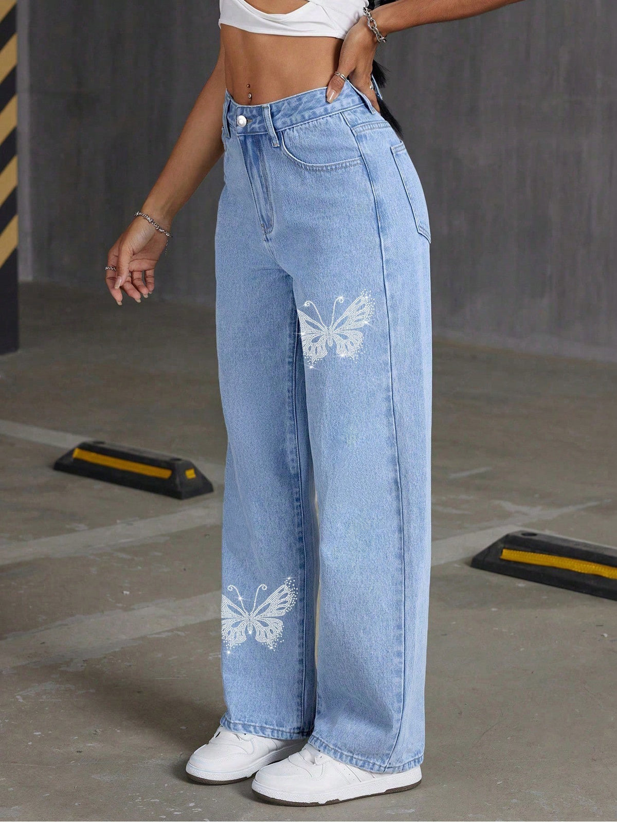 Womanjeans Cross-Border Y2K Rhinestone Butterfly Jeans Spring and Autumn Straight Slim Long Pants for Women with Rhinestone Decoration
