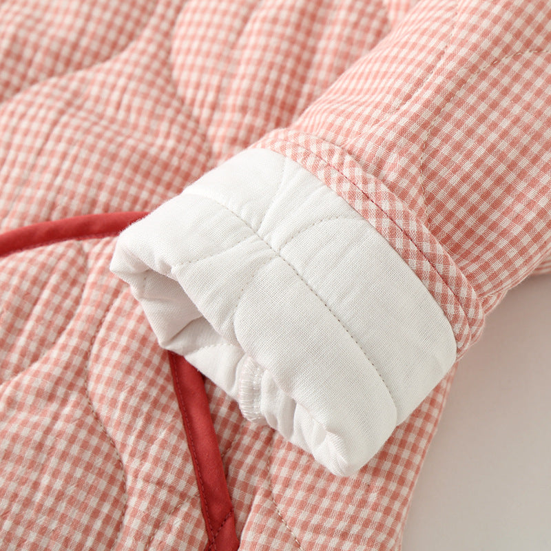 Autumn and Winter new Japanese style simple plaid double-layer gauze quilted men and women couple pajamas home thickened cotton-padded jacket suit