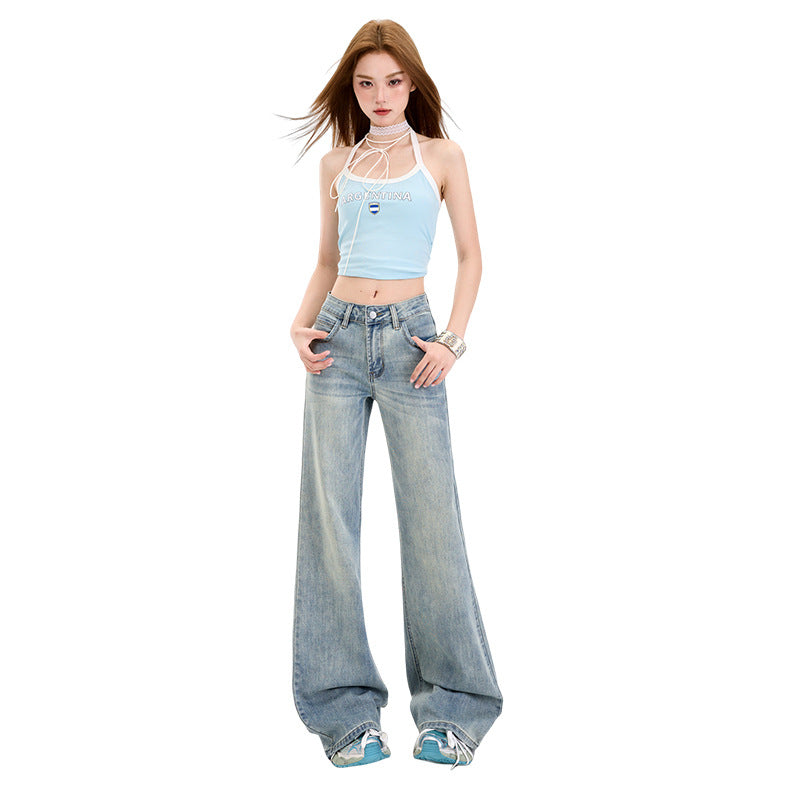 Black Cow Retro Light Blue Jeans for Women Spring 2025 High-Waisted Casual Wide-Leg Pants with Drape and Slimming Effect Long Pants