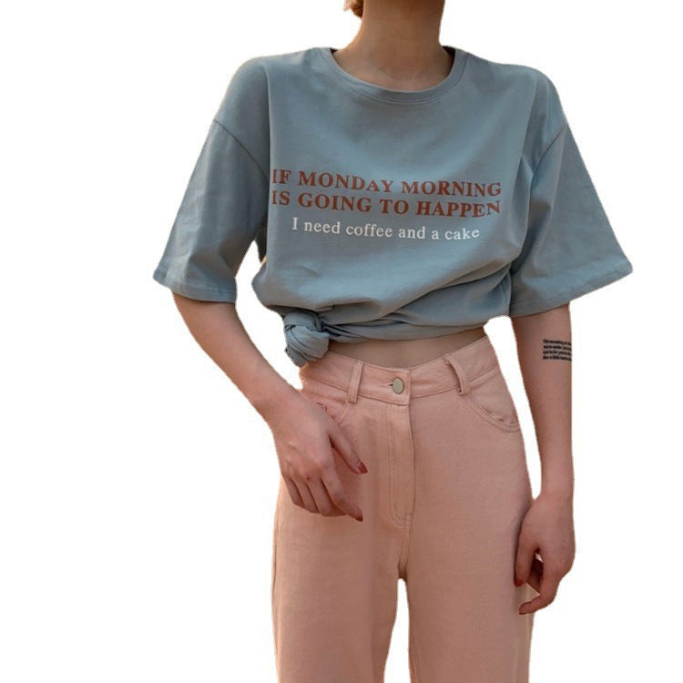 Korean Letter Printed Loose Short-Sleeved T-Shirt for Women Summer Casual Tops Student Couple Wear Bottoming Shirt Women's Clothing Trbottomy