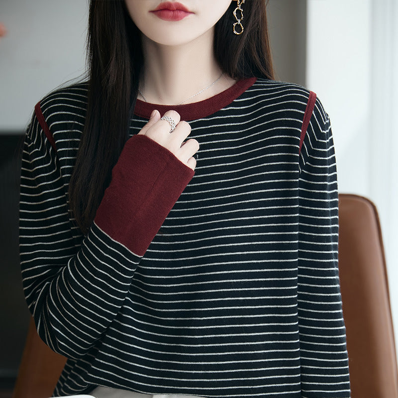 French-Style Color-Block Striped Fine-Knit Wool Sweater for Women, 2025 New Model, Loose Fit, Slimming, Long-Sleeve, Warm Base Layer Sweater