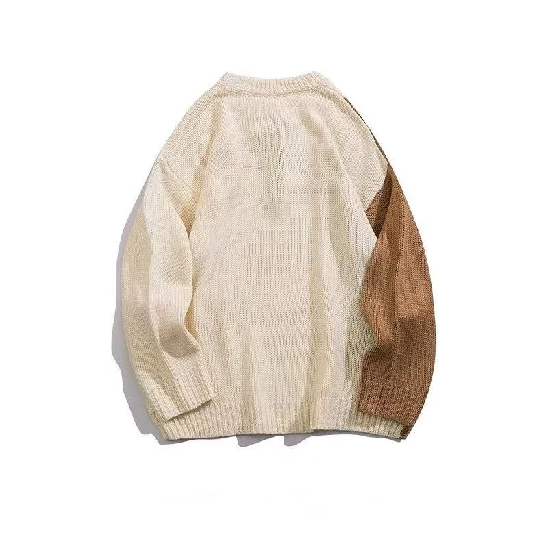Autumn and Winter Stitching Contrast Sweater Men's Loose Ins Niche Design Sense Student Hip-Hop Knitted Sweater Coat Top