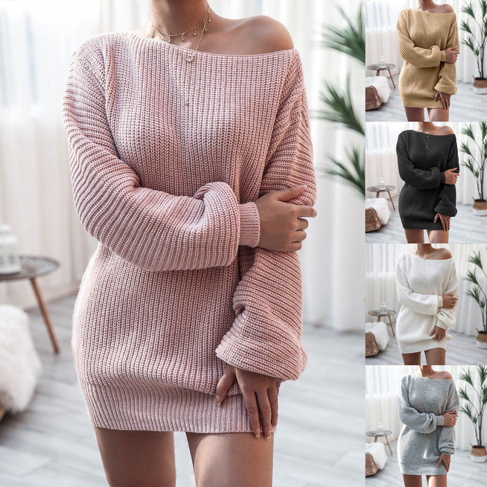 Real shot autumn and winter Europe and the United States long sleeve collar casual loose knitted sweater dress Amazon explosions cross-border women's clothing