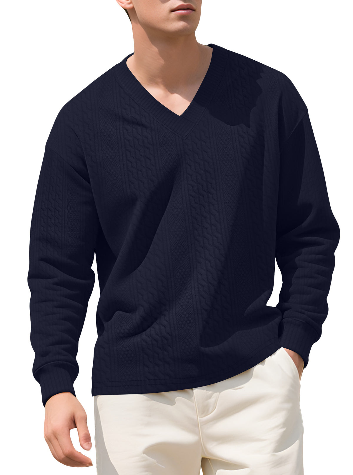 Amazon Cross-Border European and American Spring and Autumn Men's Jacquard Solid Color Base Shirt Loose Casual V-Neck Long-Sleeve Knit Sweater for Men