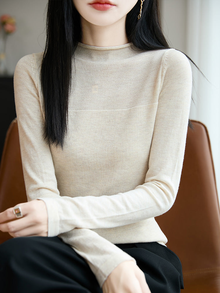 Sweater Women's Autumn and Winter Rolled Edge Half Turtleneck Knitted Sweater Thin Long-Sleeved Knitted Bottoming Shirt Women's Top Cross-Border Sweater
