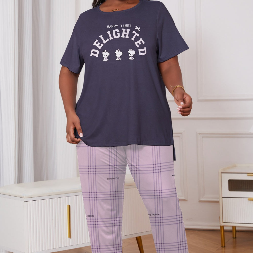 Cross-border plus size Pajamas Women's Spring and Summer Wearing English Printed Short-sleeved Plaid Cropped Pants Pajamas Two-piece Set