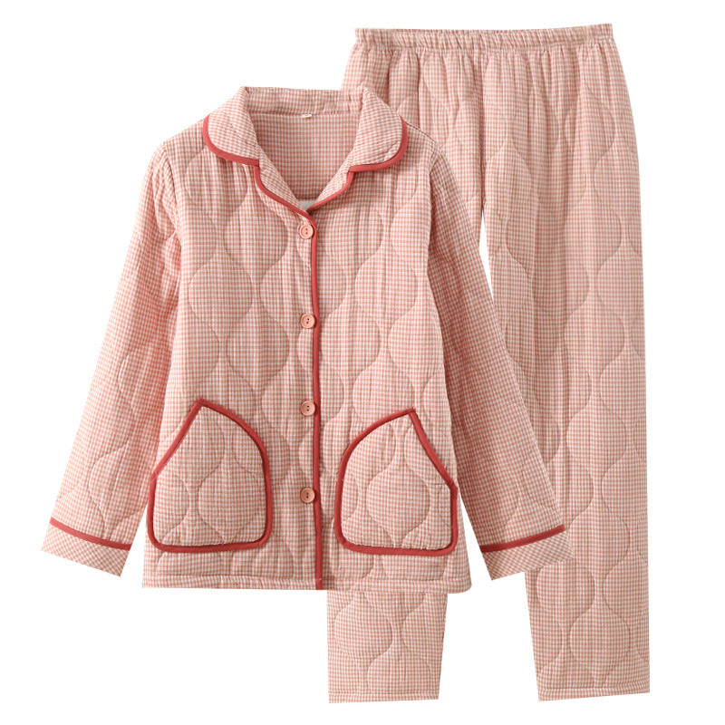 Autumn and Winter new Japanese style simple plaid double-layer gauze quilted men and women couple pajamas home thickened cotton-padded jacket suit