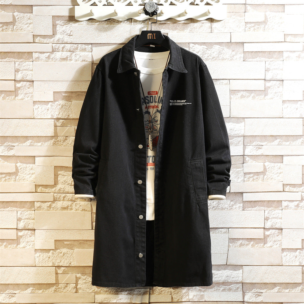 Men's Denim Trench Coat, Mid-Length, Autumn and Winter, Japanese Style, Trendy Brand, Plus Size, Vintage, Loose Fit, Casual, Turn-Down Collar Jacket