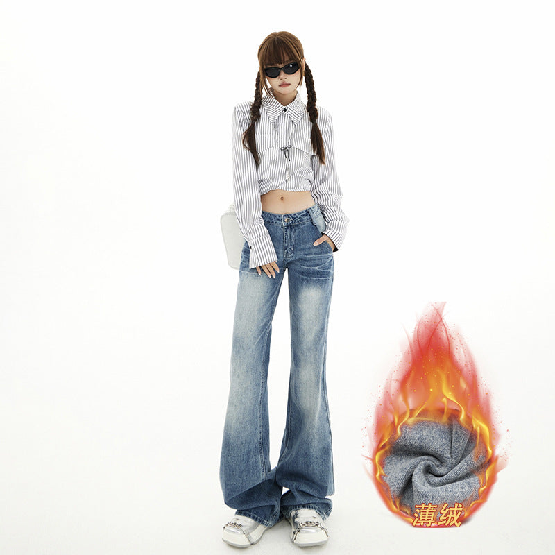 Raccoon dog house American retro low waist hot girl flared pants women 2024 fall/winter Joker slim fleece jeans women wholesale