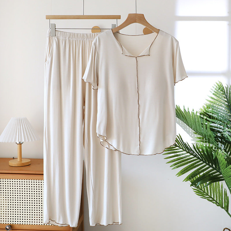 Ruffled Pajamas for Women Summer Thin Modal Short-Sleeved Pants Casual with Chest Pads Can Be Worn Outside Home Clothes Set