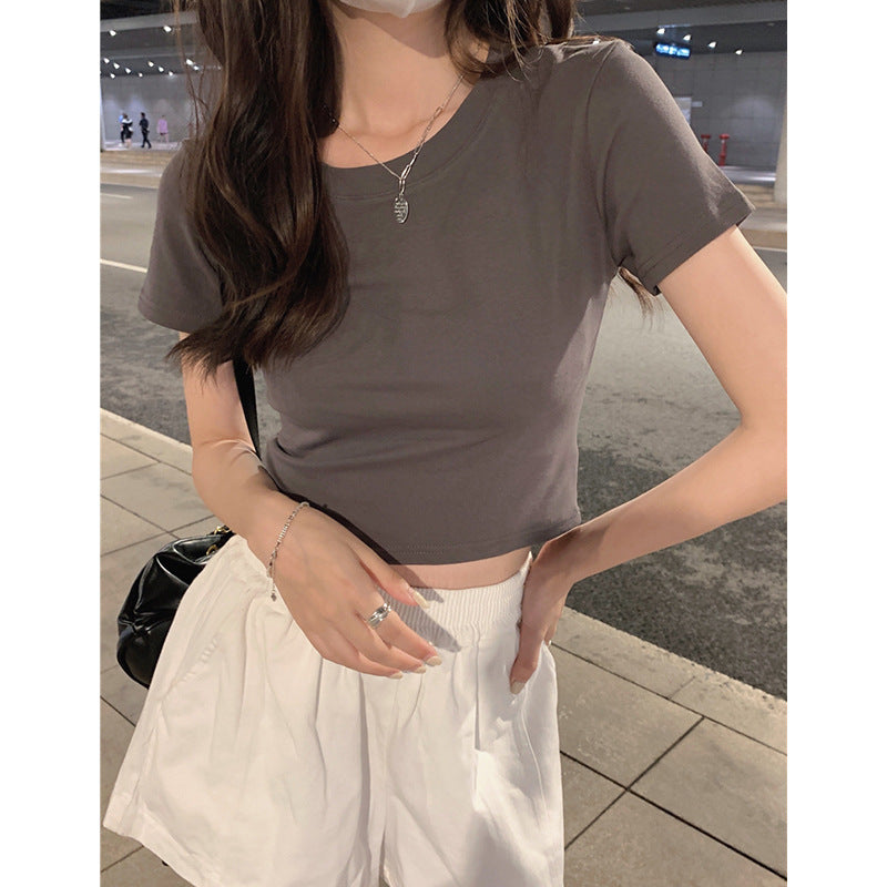Black Straight-Shoulder Round-Neck T-Shirt for Women, Simple Basic Top, Summer Slim-Fit American Style Short-Sleeve Tee