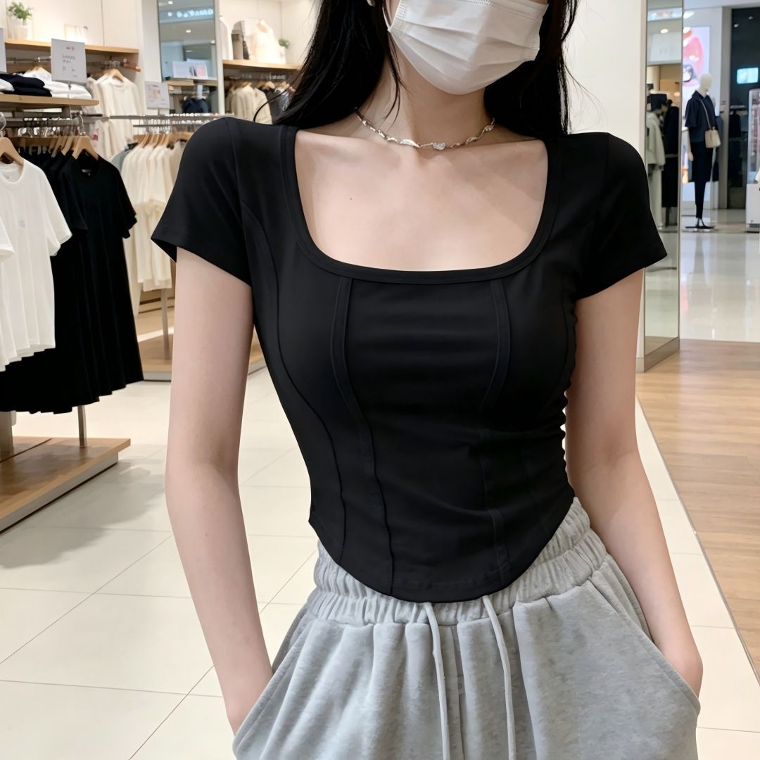 Short-Sleeved T-Shirt for Women Summer Retro Fishbone Design Niche Square Collar Chic Slim Top Trendy