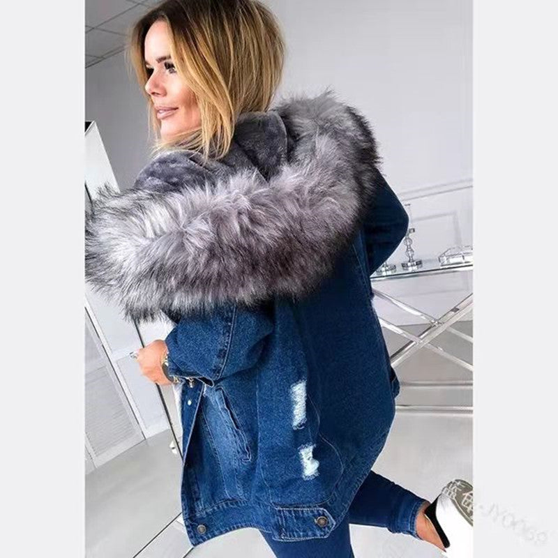 Women Winter Big Size Denim Jacket Ladies Warmth Jeans Coat
