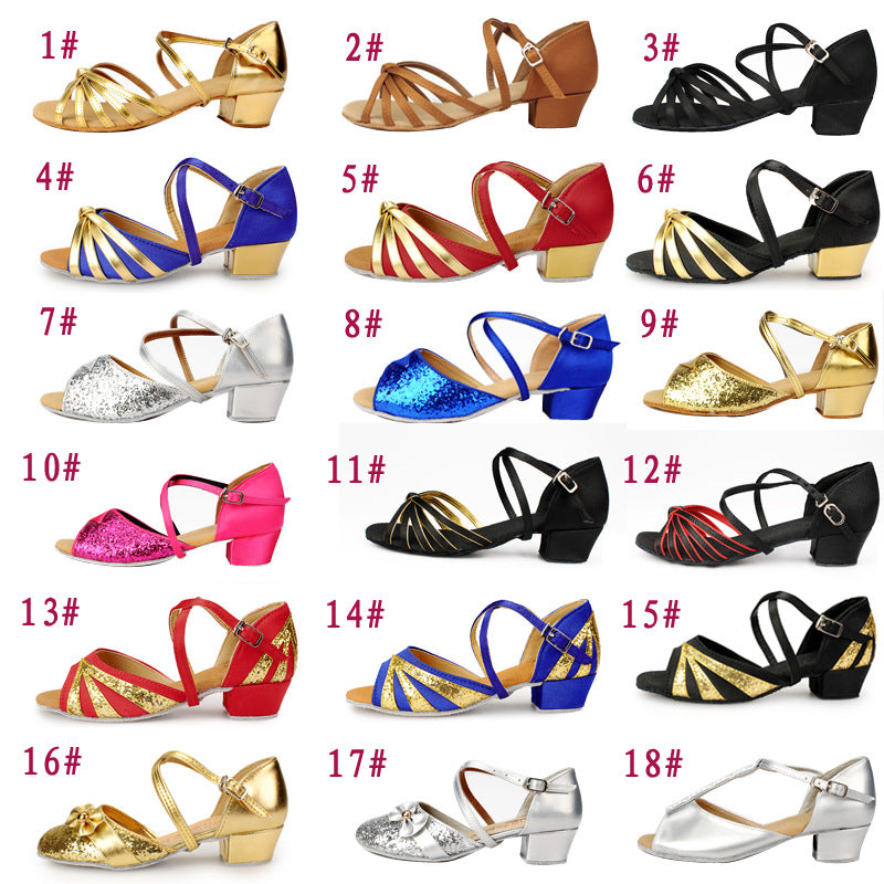 Children's Latin dance shoes girls' dance shoes women's black practice shoes just children's flat heel Princess performance mid-low heel