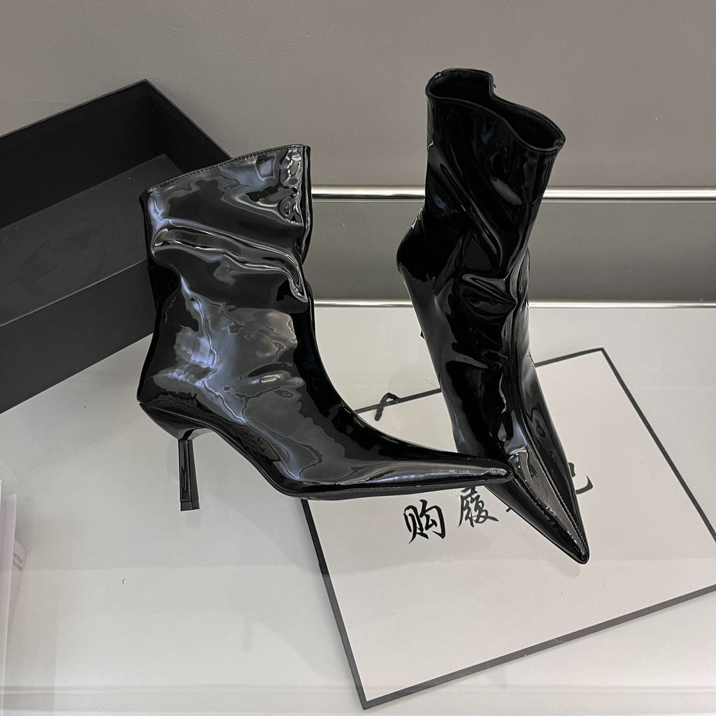 Pointed Toe Patent Leather Red Short Boots for Women 2025 Spring & Fall New Slim Stiletto Short Boots High Heels Slim Boots Nude Boots