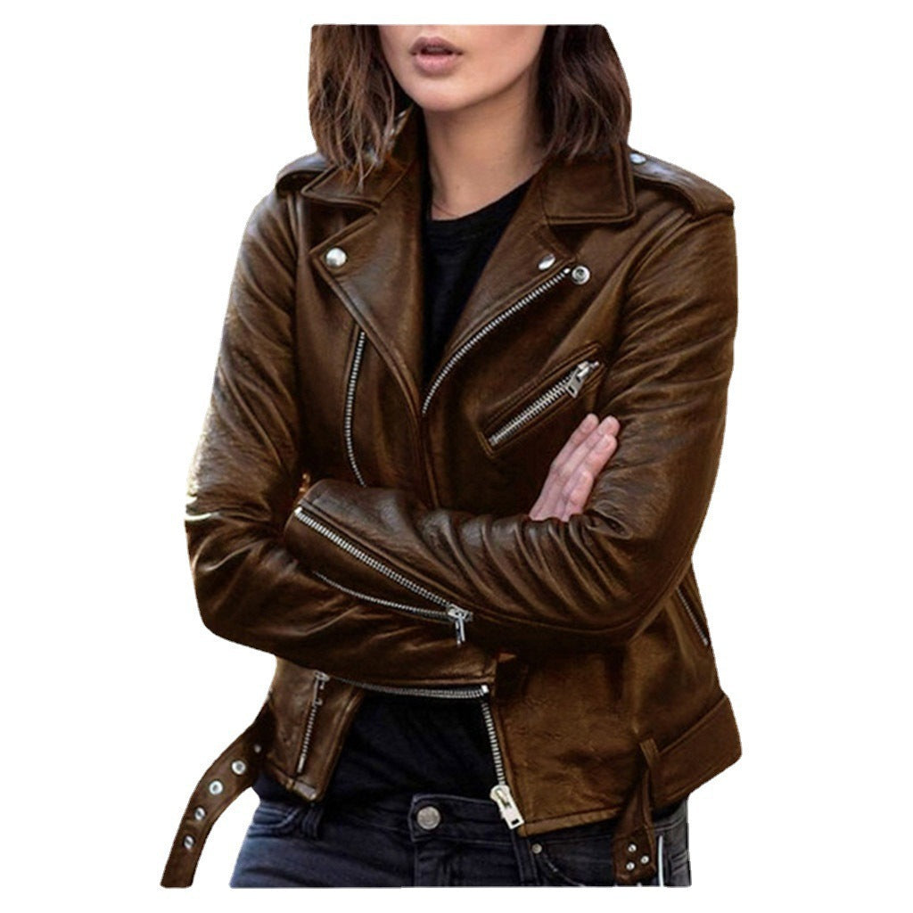 Spring and Autumn Plus-Size Women's Short Leather Jacket, European and American Style Biker Jacket, Slim-Fit Winter Pu Leather Jacket for Women