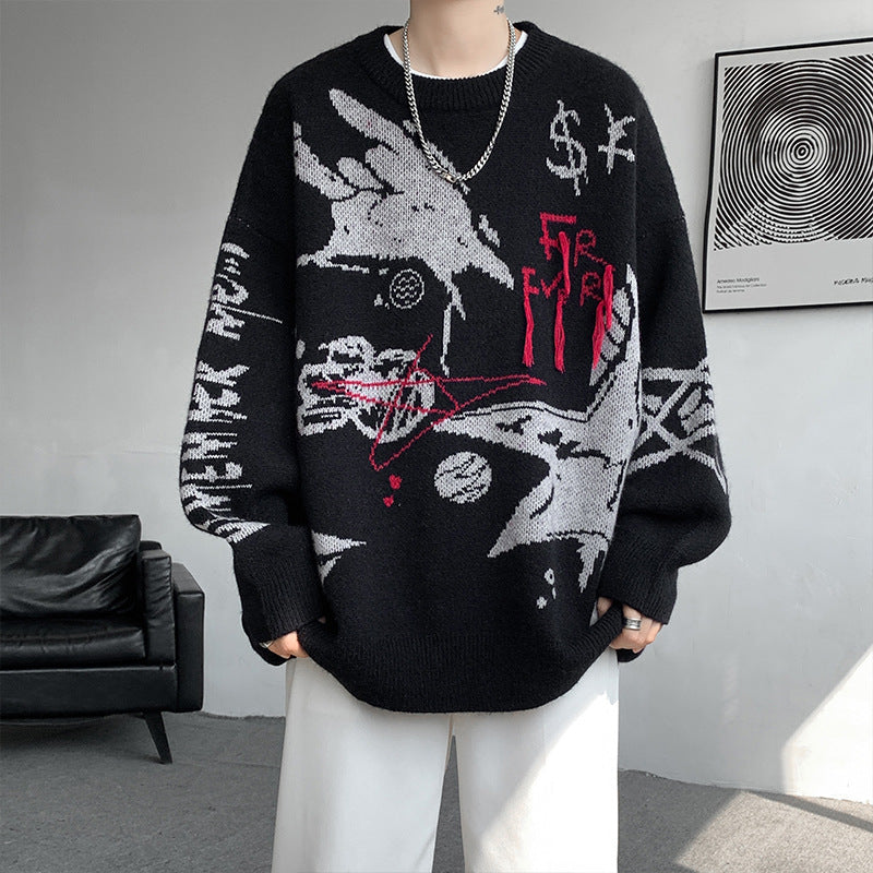 2025 New Autumn and Winter Men's Sweaters American Trendy Brand Letter Jacquard Round Neck Sweaters Fashionable Niche Loose Sweaters