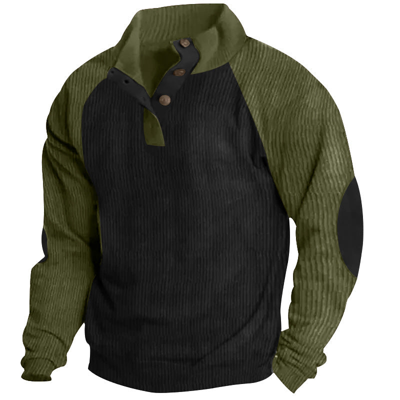 2025 Cross-Border Men's Casual Stand Collar Sports Sweatshirt Amazon Autumn and Winter Contrast Color Corduroy Slim Raglan Sweatshirt