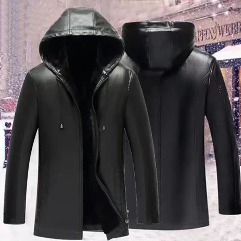 Hooded leather men's New imitation leather winter plus velvet padded long casual men's leather jacket coat wholesale