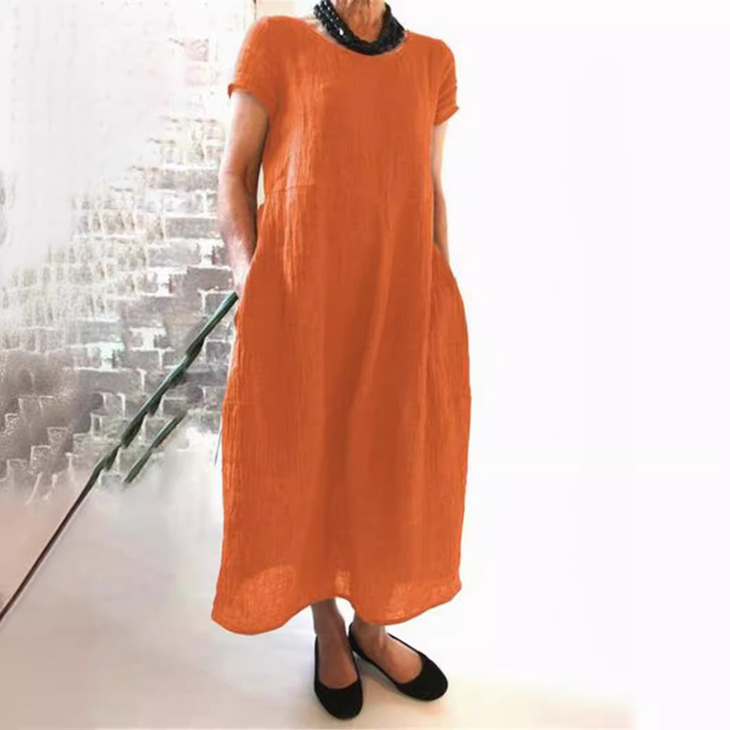 cross-border European and American dress new Chinese style loose solid color large size cotton and linen dress