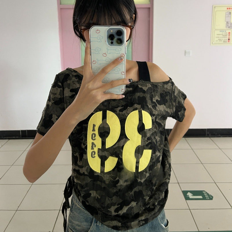 Short-Sleeved Off-Shoulder T-Shirt for Women, American Style 2026 Retro Camouflage Design, Trendy Loose Fit, Versatile and Slimming, Popular on Instagram