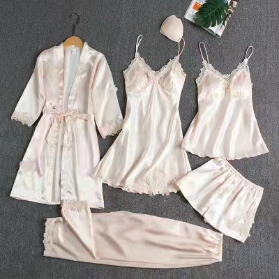 Pajamas Women's Summer Ice Silk Sexy Hot Adult Spring and Autumn Long Sleeve Thin Women's Nightgown Five-piece Suit