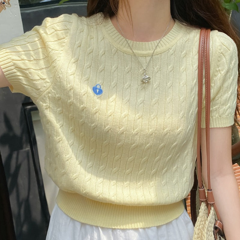 Short-Sleeved T-Shirt for Women in Summer, New Slim Fit, Versatile Yellow Twist Retro Short Knitwear, Fashionable…