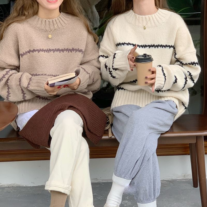 Vintage Japanese-Style Lazy Loose Sweater for Women, Thickened Autumn and Winter New Long-Sleeve Striped Half-High Collar Knitwear
