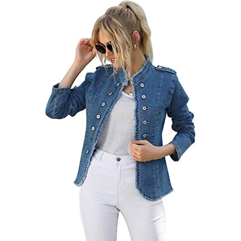2026 Cross-Border European and American Whis Women's Denim Blazer Single-Breasted Stand Collar Solid Color Casual Versatile Slim Fit