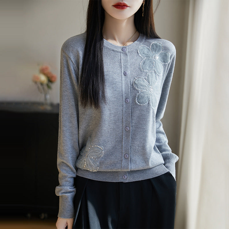 Spring and Autumn New Women's Worsted Wool Knitted Sweater Round Neck Three-dimensional Flower Knitted Cardigan Fashion Sweater Coat Top